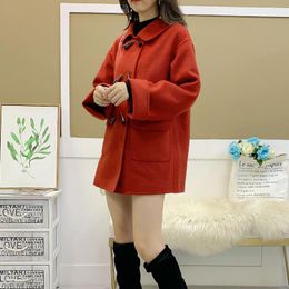 Women's Wool & Blends Horn Winter Button Coat Women Elegant Long Sleeve High Waist Fashion Pocket Wine Red Office Lady Overcoat Outerwear