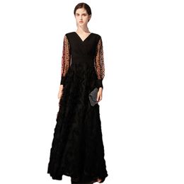 Black Long Evening Dress Elegant Long Sleeve Lace Formal Dresses Fashion V-neck Women Party Gown RU86