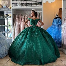 Twinkle Quinceanera Dresses Dark Green Glitter Sweet 15 Gown Handmade Flower Bead Teen Girls Birthday Party Dress