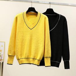 Women's Sweaters Black Yellow Loose V Neck Korean Harajuku Spring Autumn Winter Knitted Vintage Pullover Fashion 2023 Female