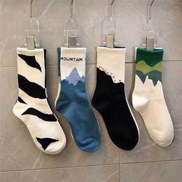 Men And Women Couples Socks Fashion Trend Black And White Contrast Snowy Mountain Ink Painting For Leisure Sports Sock