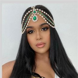 Hair Clips Vintage Fashion Green Crystal Pendant Head Chain Boho Princess Rhinestone Forehead Ladies Fine Jewellery Tiara Gift