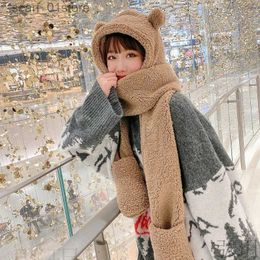 Hats Scarves Sets New Thickened Hat G Scarf on One Winter Bear Lamb Cashmere Beanies Keep Warm Women's Skullies Mittens Three-piece SetL231113