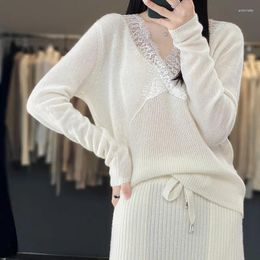 Women's Sweaters Spring Autumn Pure Merino Wool Women Warm Sweater V-neck Lace Ruffle Knit Pullover Casual Soft Tops