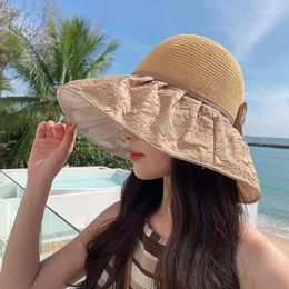 Wide Brim Hats Summer Knitted Sun Hat For Women Korean Style UV Protection Foldable Breathable Bow Fisherman