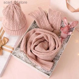 Hats Scarves Sets 3PC Knitted Hat Scarf G Sets For Women's Winter Warm Wool Twist C Gorros Bonnet Solid Headband Knit Scarf New Year's GiftL231113