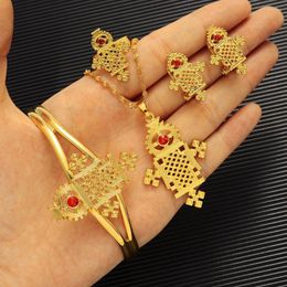 Necklace Earrings Set 2023 Fashion Cross Trendy Red Crystal Stone Gold Colour African Ethiopian Eritrean Habesha Jewellery Gift Sets