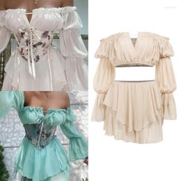 Women's Two Piece Pants Solid Color Princess Style Dresses Suit Long Puff Sleeves Dress Sexy Parties Club Clothing Women Summer Skirt Set