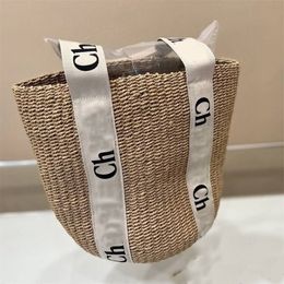 Woven woody straw bag summer beach tote bag with small drawstring canvas bag casual female handbags simple shoulder crossbody designer bags brown XB015
