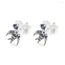 Stud Earrings Sparkling Blue Crystal Swallow Earring For Women Authentic S925 Sterling Silver Jewellery Lady Girl Birthday Gift