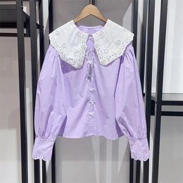 Women's Blouses 2023 Spring And Summer Shirt Purple Stitching Embroidery Hollow Blouse