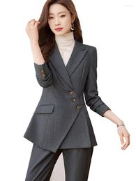 Women's Two Piece Pants Blue Gray Black Striped Women Pant Suit Formal Office Ladies Work Wear Blazer Jacket And Trouser Female Business 2