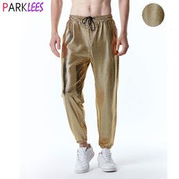 Men's Pants Mens Metallic Shiny Gold Fish Scales Jogger Sweatpants 70s Disco Dance Harem Pants Men Nightclub Stage Party Streetwear Trousers 230412