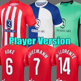 Player version 23 24 Atletico MORATA Madrids soccer jerseys new sponsor logo 2023 2024 M.LLORENTE GRIEZMANN KOKE SAUL Correa LEMAR football shirt kit