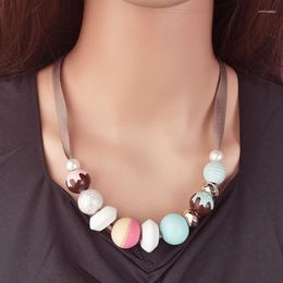 Pendant Necklaces Handmade Necklace With Macaron Colours Wooden Bead And Satin Ribbon Chain For Women Jewellery