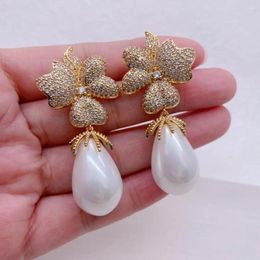 Stud Earrings KKGEM 15x25mm White Sea Shell Pearl Teardrop Shape Cz Pave Flower Jewelry For Gift