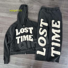 Custom tracksuit men streetwear distressed patch cut and sew patchwork hoodie and sweatpants set sweatsuit