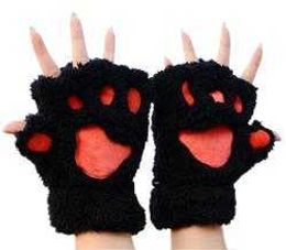 Winter cute cartoon cat girls open finger cat claw warm gloves thickened fluffy bear paw half finger gloves 4FH6E