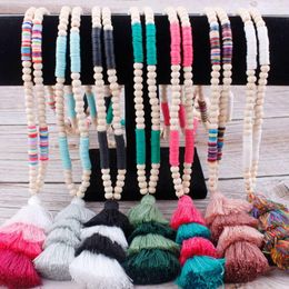 Pendant Necklaces ZWPON Mixcolor Bohemia Cotton Tassel Necklace Natural Wood Beads Polymer Clay Disc Round For Woman Jewelry