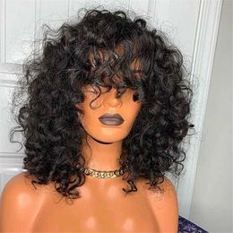 Hair Wigs Rose Curly Wig with Bangs Fumi Human Full Machine Made Deep Wave Short Bob for Black Women Water Virgin Brazilian Pixie Cut 230413