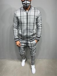 Men's Tracksuits Plaid Printed Loose Suit Couple Clothes Fashion Grey Fullset Black Pink Faded Full Set 230412