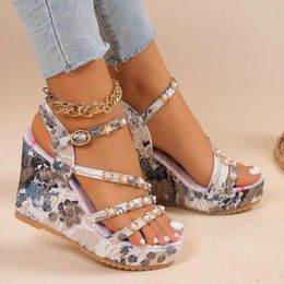 Sandals Women's Wedge 2024 Summer Buckle Fashion Print Open Toe High Heels Large Casual Sexy Party Dress 43