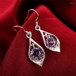 Dangle Earrings Pure 925 Sterling Silver Fashion Jewelry Elegant Woman Crystal Amethyst Shell Engagement Christmas Gifts