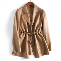 Women's Leather Genuine Coat Autumn/Winter Style Slim Sheepskin Belt Fit Long Sleeve Suit Simple Women2023