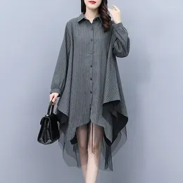 Women's Blouses Spring Autumn Oversized Lace Button Irregular Tunics Korean Fashion Office Lady Tops Women Chic Design Patchwork Shirt