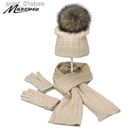 Hats Scarves Sets Real Fur Pompom Winter Knitted Hats For Women Hat Scarf G Set 3 Piece Sets Twist stripes C Gorros Bonnet Beanie SkulliesL231113