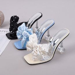 Dress Shoes Woman Sparkly Bow Heels Fashion Bling Transparent Pointed Toes Sandals Elegant Slingback Crystal Female Party Pumps 230413