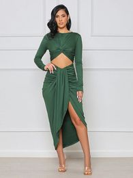 Women's Blouses Elegant Fashion Pleated Front Long Party Dress Woman Waist Band Cut Out Split Vestido Classic Solid Full Sleeve Robe Femme