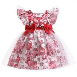 Girl Dresses 2023 Summer Two Cute Bow Rose Print Tulle Ruffle Sleeve Cotton Children Princess Clothing Kid's Dress 2 7 10 Years