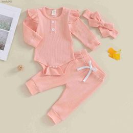 Clothing Sets Newborn Baby Girls Clothing Spring Infant Outfits Soft Cotton Solid Ribbed Long Sleeve Pants Headband 3Pcs Kids Set