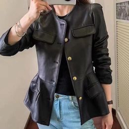 Women's Leather Spring And Autumn Genuine Sheepskin Clothes Gold Button Waist Round Neck Medium Length Clothes2023