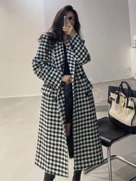 Women's Wool Blends Wool Jacket Women Winter Korean Fashion Double Breasted Houndstooth Long Overcoat Thick Warm Woolen Coat ropa mujer 231113