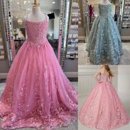 Rose Pink Girl Pageant Dress 2024 Floral Applique Glitter Tulle Little Kid Birthday Formal Cocktail Party Gown Infant Toddler Teens Tiny Junior Miss Mini Quince