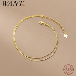 Anklets WANTME 925 Sterling Silver Simple Double Snake Bone Round Beads Charm Anklet for Women Fine 18k Gold Chain Bohemian Jewelry 231025