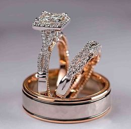 Gorgeous 3Pcs/Set Women Wedding Rings Mosaic CZ Two Tone Romantic Female