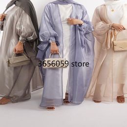 Ethnic Clothing Shimmering Open Abaya Kimono for Women Silky Balloon Sleeve Long Dress Cardigan Muslim Dubai Arab Summer Party Outfit Ramadan 230412