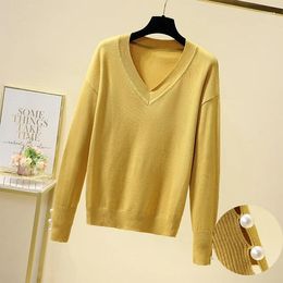 Women's Sweaters Yellow Loose V Neck Korean Harajuku Spring Autumn Winter Knitted Vintage Pullover Fashion 2023 Female