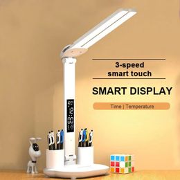 Decorative Objects Figurines LED Clock Table Lamp USB Chargeable Dimmable Desk Lamps 2 Heads 180 Rotate Foldable Eye Protection Desktop Reading Night Lights 231113