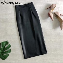 Skirts Neophil 74cm Women's Winter Pu Leather Midi Pencil Bodycon Elegant Office Ladies High Waist Faux Stretch Sexy Skirt S9902 230413