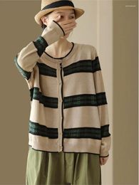 Women's Knits Autumn Knitting Jacquard Striped Sweater Women Retro Casual O-Neck Button Long-sleeved Slim-type Tops 2023