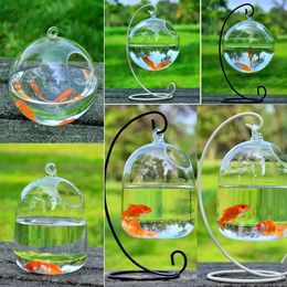 Aquariums Round/Rectangle Shape Hanging Glass Aquarium Fish Tank Fish Bowl Transparent Vase Ornament With Rack Holder Home Decoration 231113