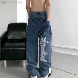 Men's Jeans Retro Hip-hop Letter Embroidery Harajuku Oversized Y2K Jeans Loose Straight-leg Pants Wide-leg Trousers for Men Women Couples W0413
