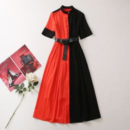 2023 Summer Black Red Contrast Colour Belted Dress Short Sleeve Stand Collar Panelled Midi Casual Dresses A3A101526