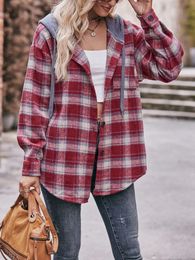 Women's Wool Blends Women s Oversized Plaid Flannel Shirt with Hoodie Long Sleeve Lapel Jacket Coat Casual Boyfriend Style Button Closure 231102