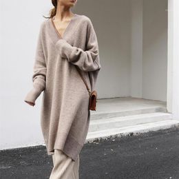Casual Dresses Oversized Dress Autumn Winter Fashion Knitting V-neck Thick Sweater Women YOU7572559