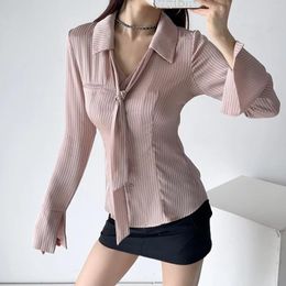 Women's Blouses Wholesale Satin Pink Striped Ribbon Shirts For Women Single-breasted Top 2023 Autumn French Style Slim Waist Long Sleeve